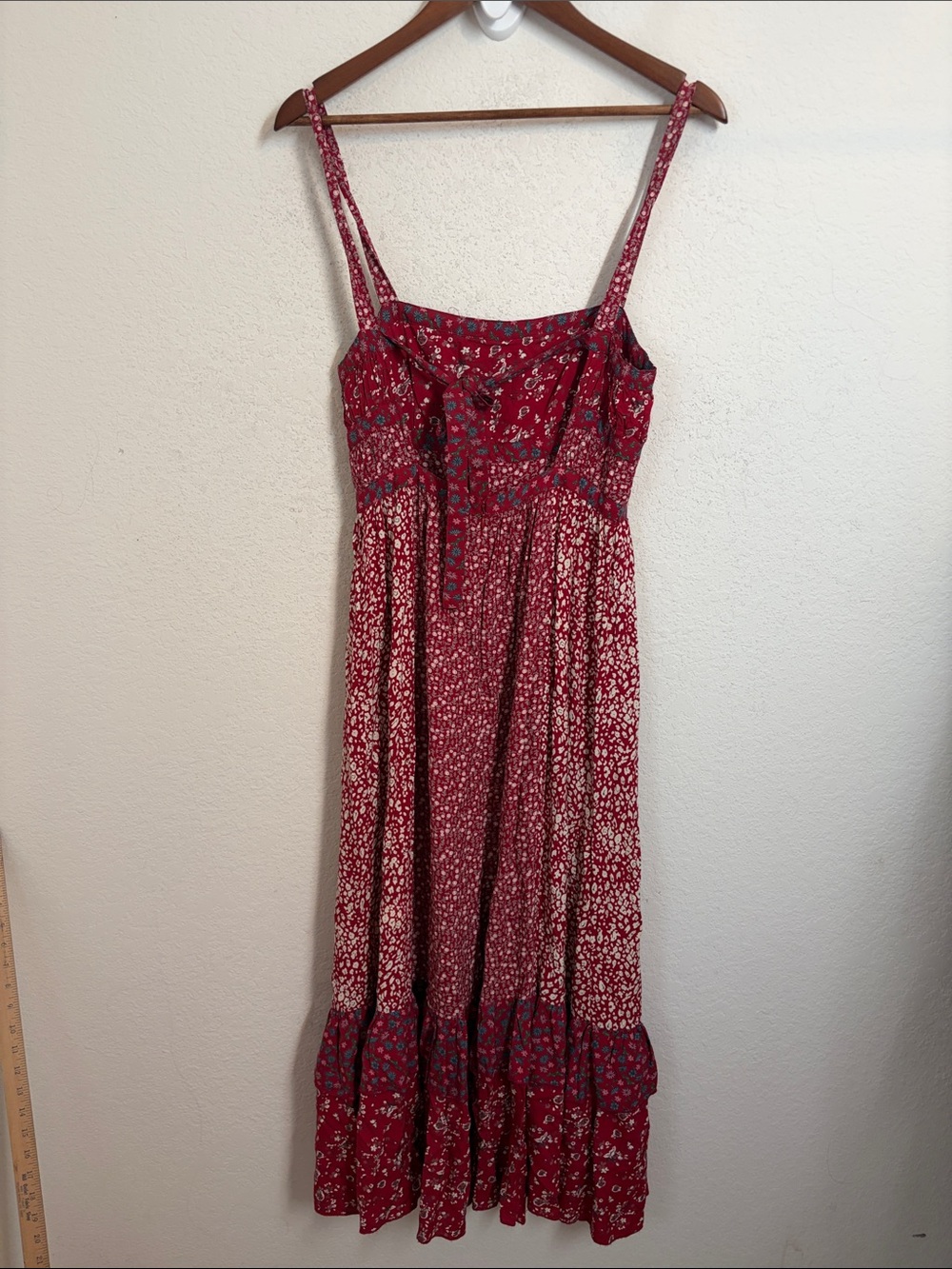 Free People Size 2 Red Floral Maxi Dress Ruffle Boho Tiered Cottagecore Sundress - Picture 6 of 8